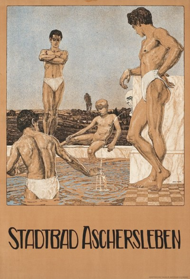 Gruppe von Menschen, die im Schwimmbad stehen und einer sitzt, Plakat für Aschersleben, Deutschland, mit Text über die Schwimmbad-Einrichtungen.