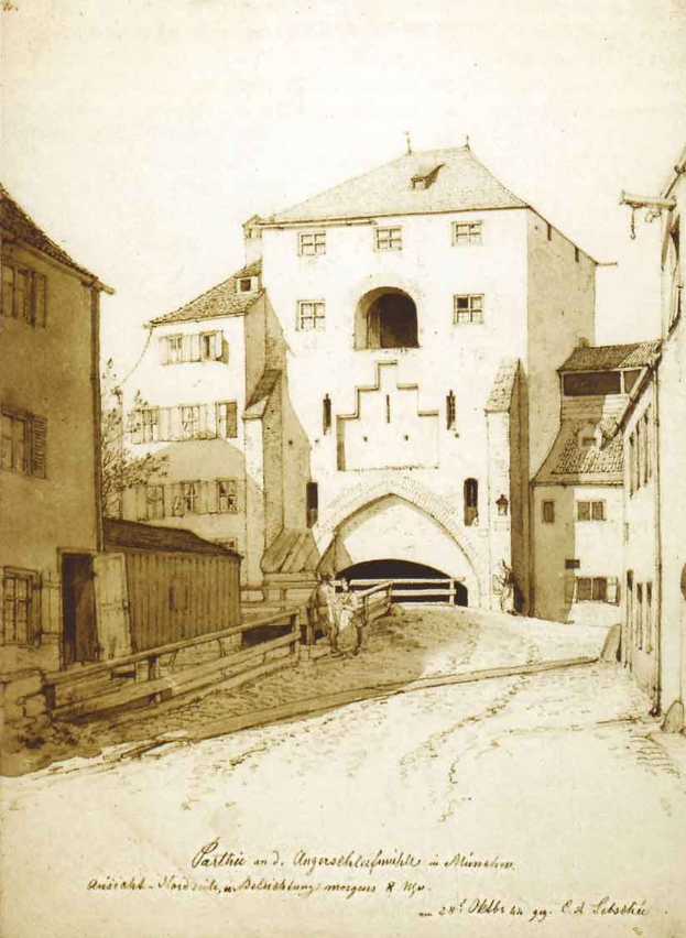 Alte Druckgrafik einer Straßenszene mit einem Schloss im Hintergrund, umgeben von Gebäuden mit Fenstern, einem Baum und einem Himmel, mit Text unten, der lautet "Gedruckt von Carl Friedrich Lechthuis 1839 Schloss und Brücke in München, Deutschland, vertreten durch Childs Gallery."