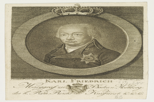 Porträt des Königs Karl Friedrich Friedrich von Deutschland, der eine Krone trägt und ernst dreinschaut, direkt in die Kamera schaut.