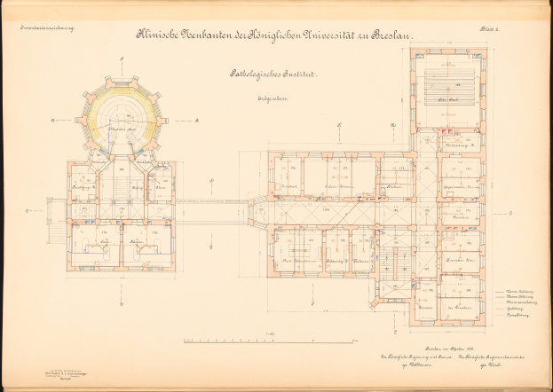 Schwarzes und weißes Architekturzeichnung eines mehrräumigen Gebäudes mit einem Grundriss, der "Universität Dresden" beschriftet ist, und begleitendem handgeschriebenem Text.