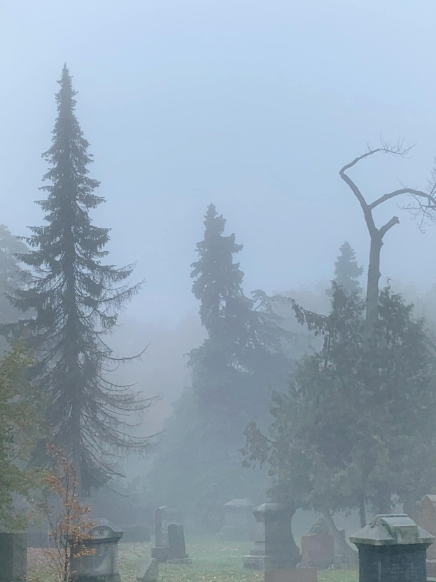 Ein nebliger Friedhof mit mehreren Grabsteinen und Bäumen im Hintergrund unter einem trüben grauen Himmel.