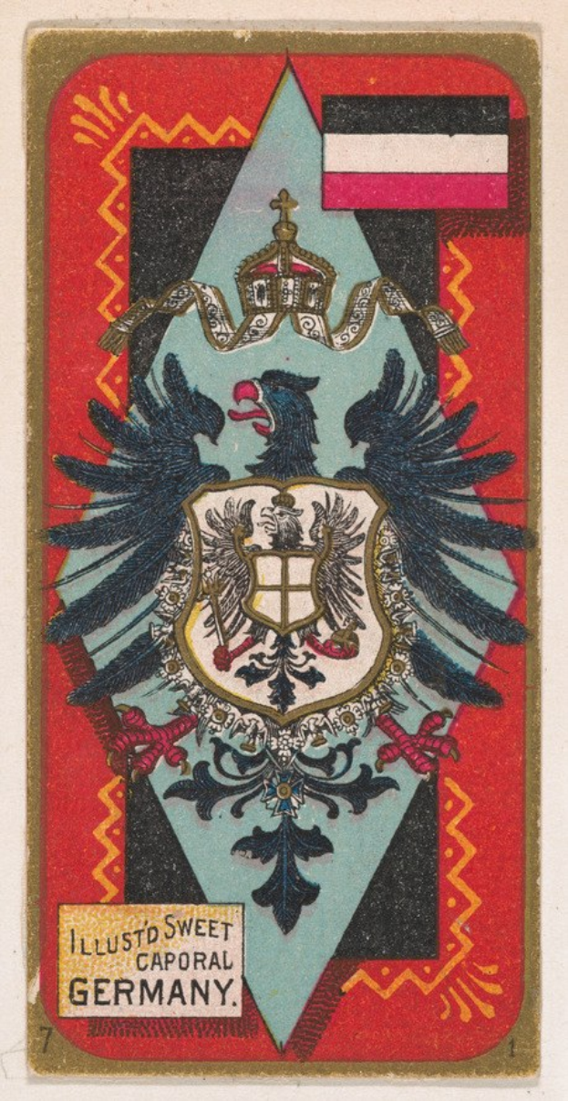 Alte deutsche Spielkarte mit einem Wappen, Logo und Text im klassischen Design.
