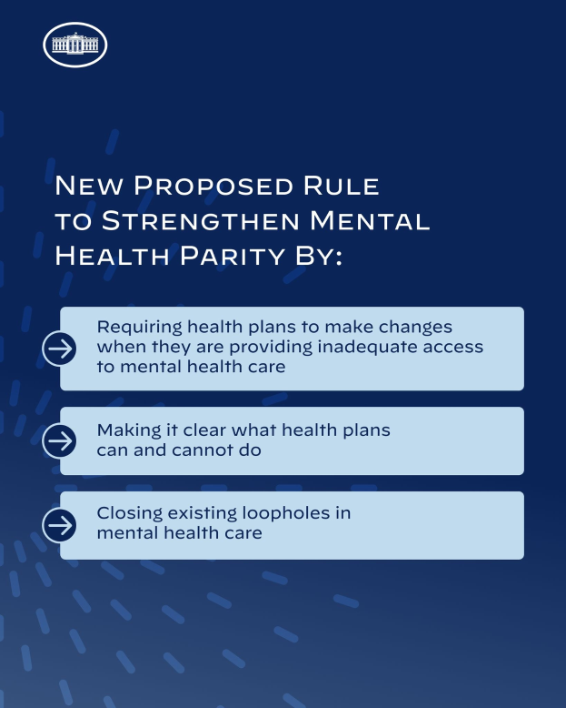 Blauer Hintergrund mit wei├čer Schrift und einem wei├čem Kreis-Logo mit einer blauen Umrandung, das eine neue Regel zur St├Ąrkung der psychischen Gesundheit vorschreibt.