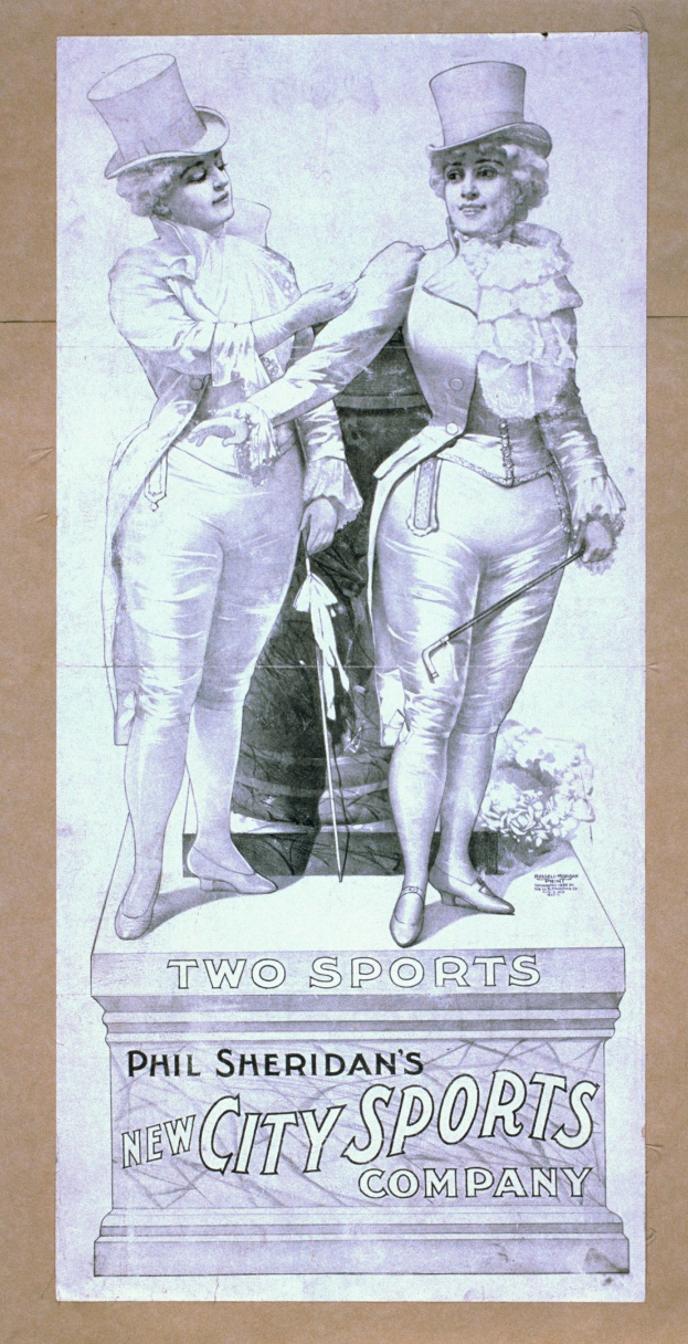 Plakat für Phils neue Stadt-Sportfirma mit zwei Personen nebeneinander und Text, der die Firma beschreibt.