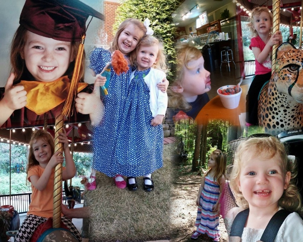 Collage mit lustigen Fahrgeschäften, Kindern, einem Tisch mit Lebensmitteln, Besteck, Lichtern, natürlichen Elementen und verschiedenen Gegenständen.