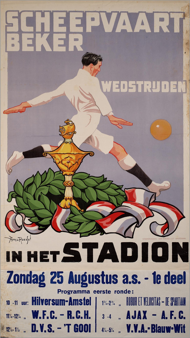 Ein Fußballplakat mit einer Person in weißem Trikot und Shorts mit entschlossener Miene, umgeben von grünen und gelben Blättern vor einem hellblauen Himmel, mit fetter schwarzer Schrift, die "Fußball" lautet.
