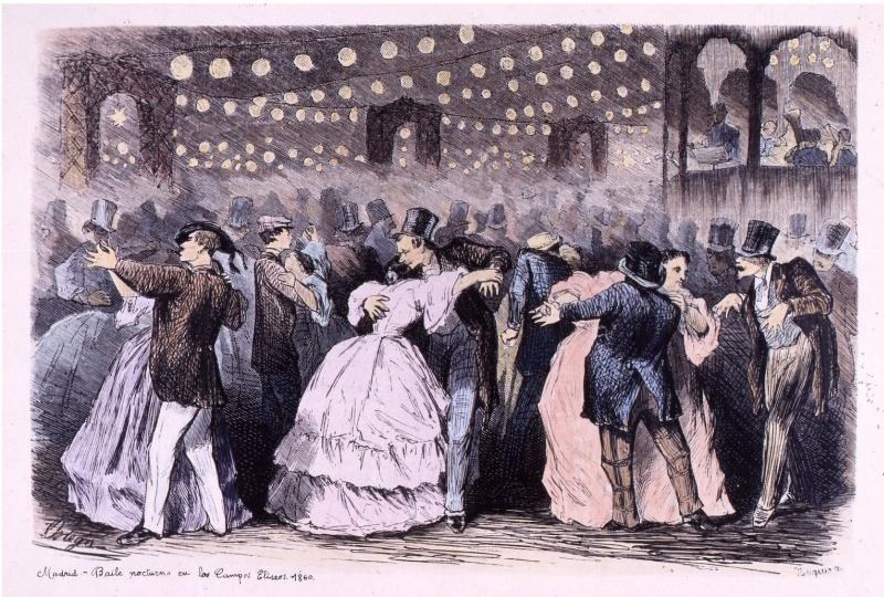 Eine Gruppe von Menschen, die in einem Ballsaal tanzen, mit Text unten: 'Madame Baille Nacional en la Campagne Bleuet, 1860'.