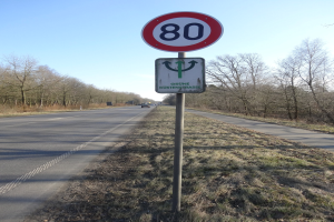 Geschwindigkeitsbegrenzungsschild am Straßenrand mit vorbeifahrenden Fahrzeugen, Gras, Bäumen und einem klaren blauen Himmel im Hintergrund.